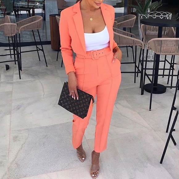 Orange two piece suit blazer + belted pants - Picture 3 of 6